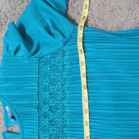 Good Times 80s Vintage Pleated Party Cocktail Dress Teal Size 8P Lace Detail - Picture 8 of 11